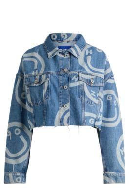 cropped denim jacket with happy hugo print- patterned women's clothing