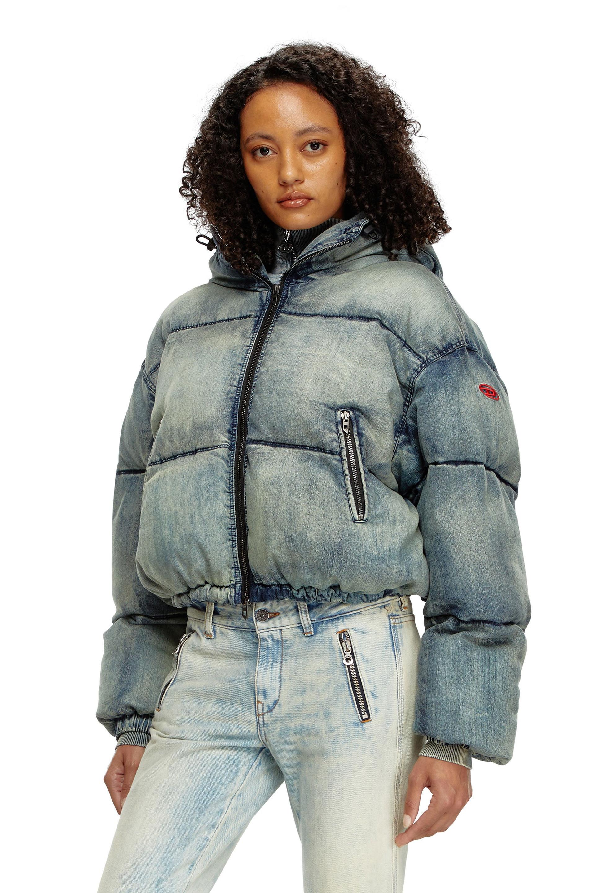 cropped hooded puffer jacket in denim
