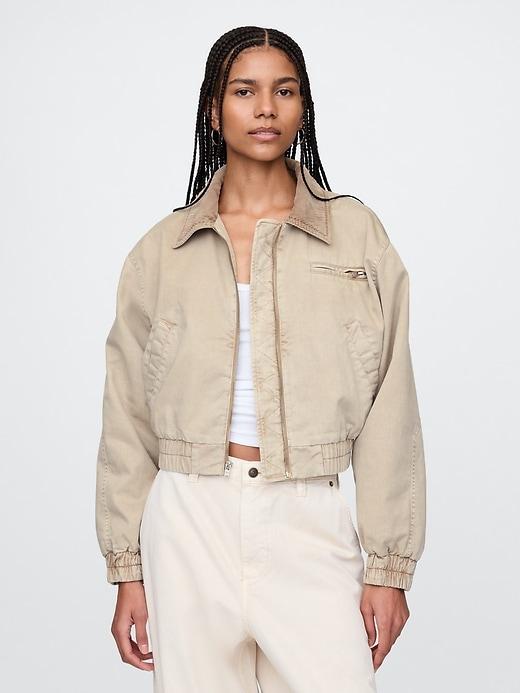 cropped khaki bomber jacket