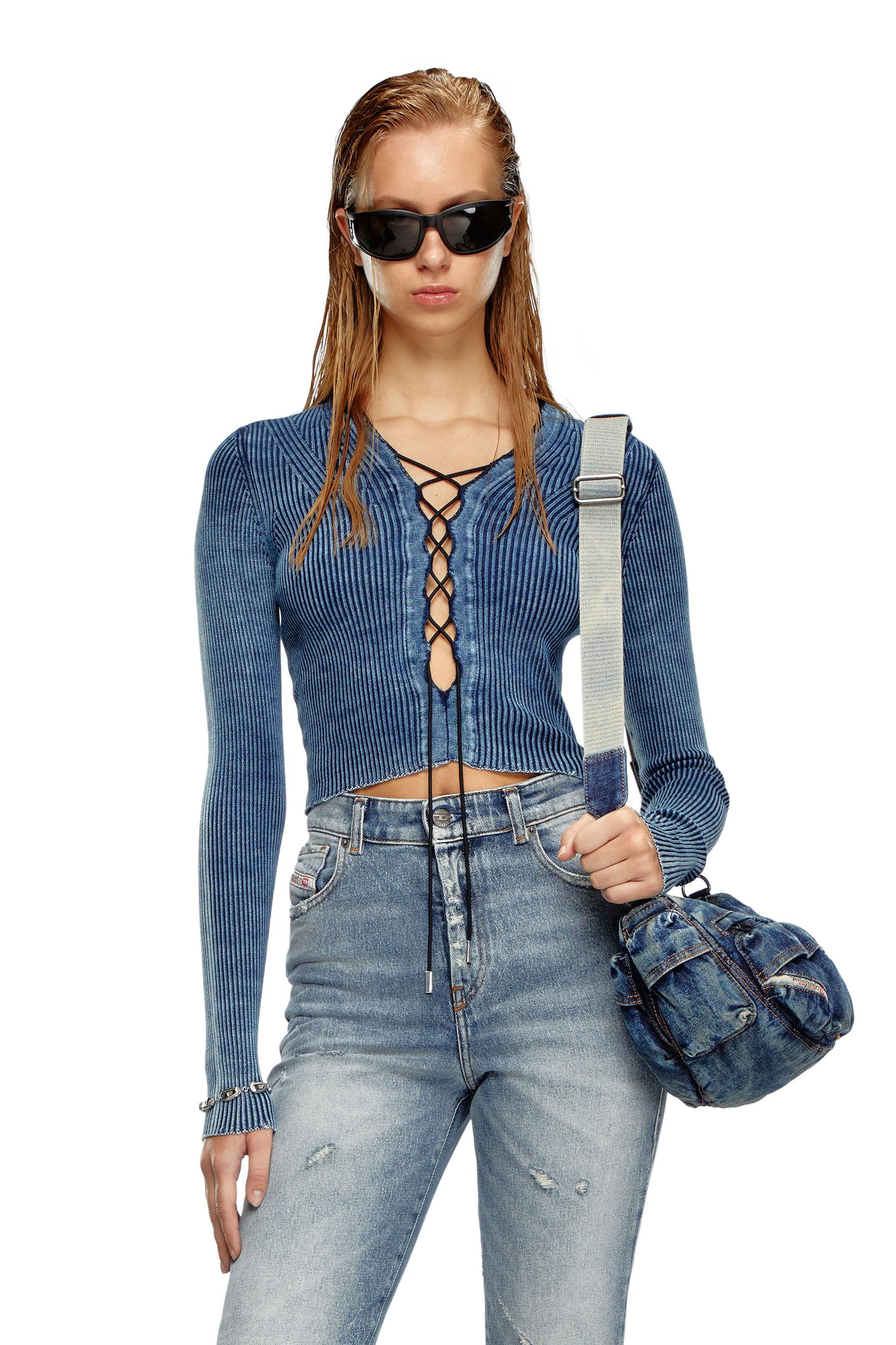cropped lace-up top in indigo knit