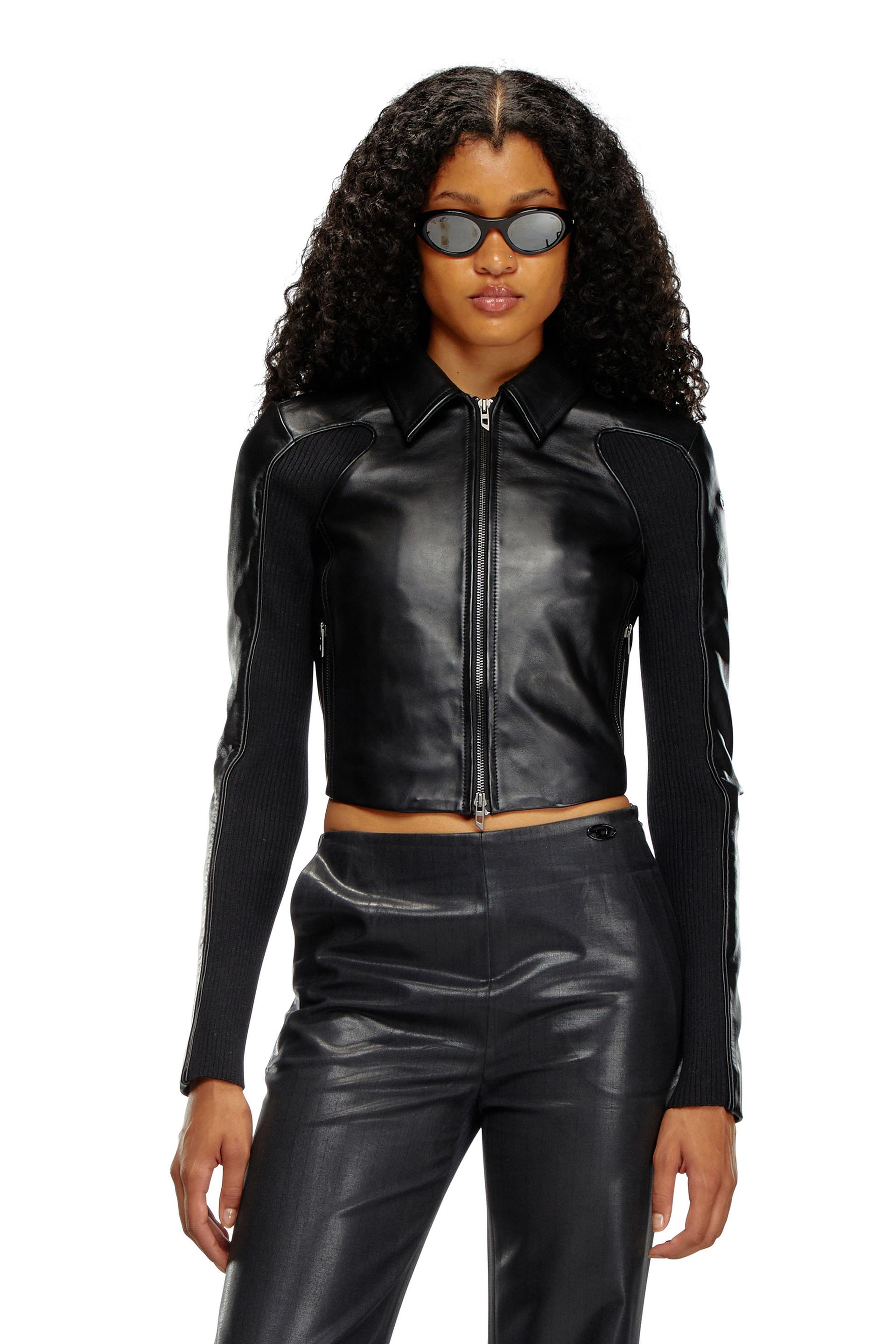 cropped leather jacket with knit inserts