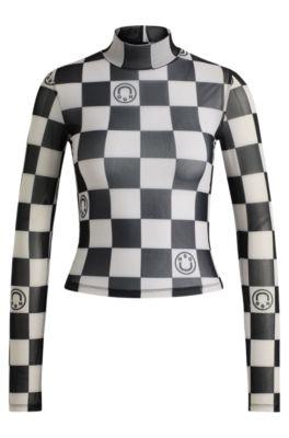 cropped long-sleeved top in checkerboard-print stretch mesh- patterned women's casual tops