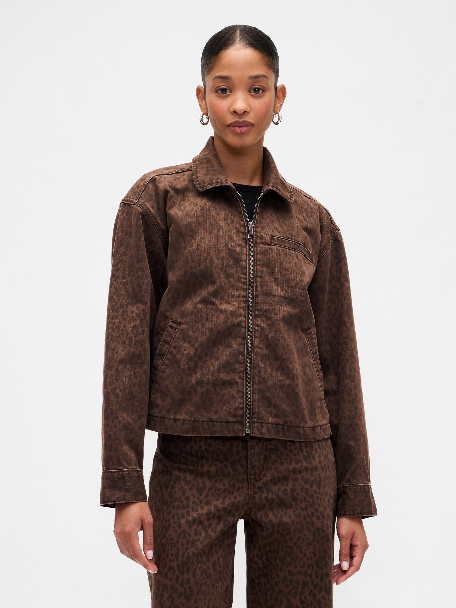 cropped print denim chore jacket