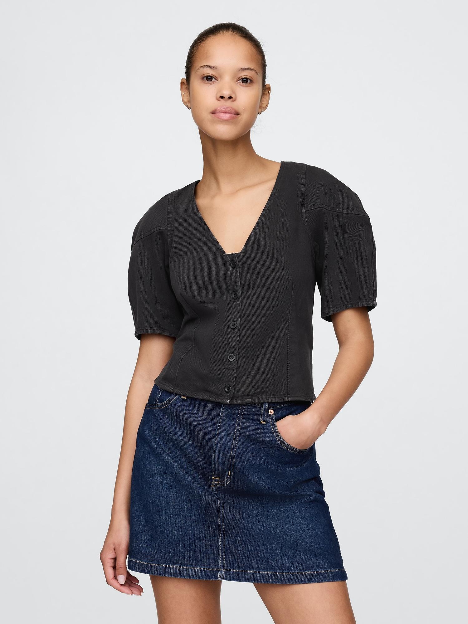 cropped puff-sleeve denim shirt