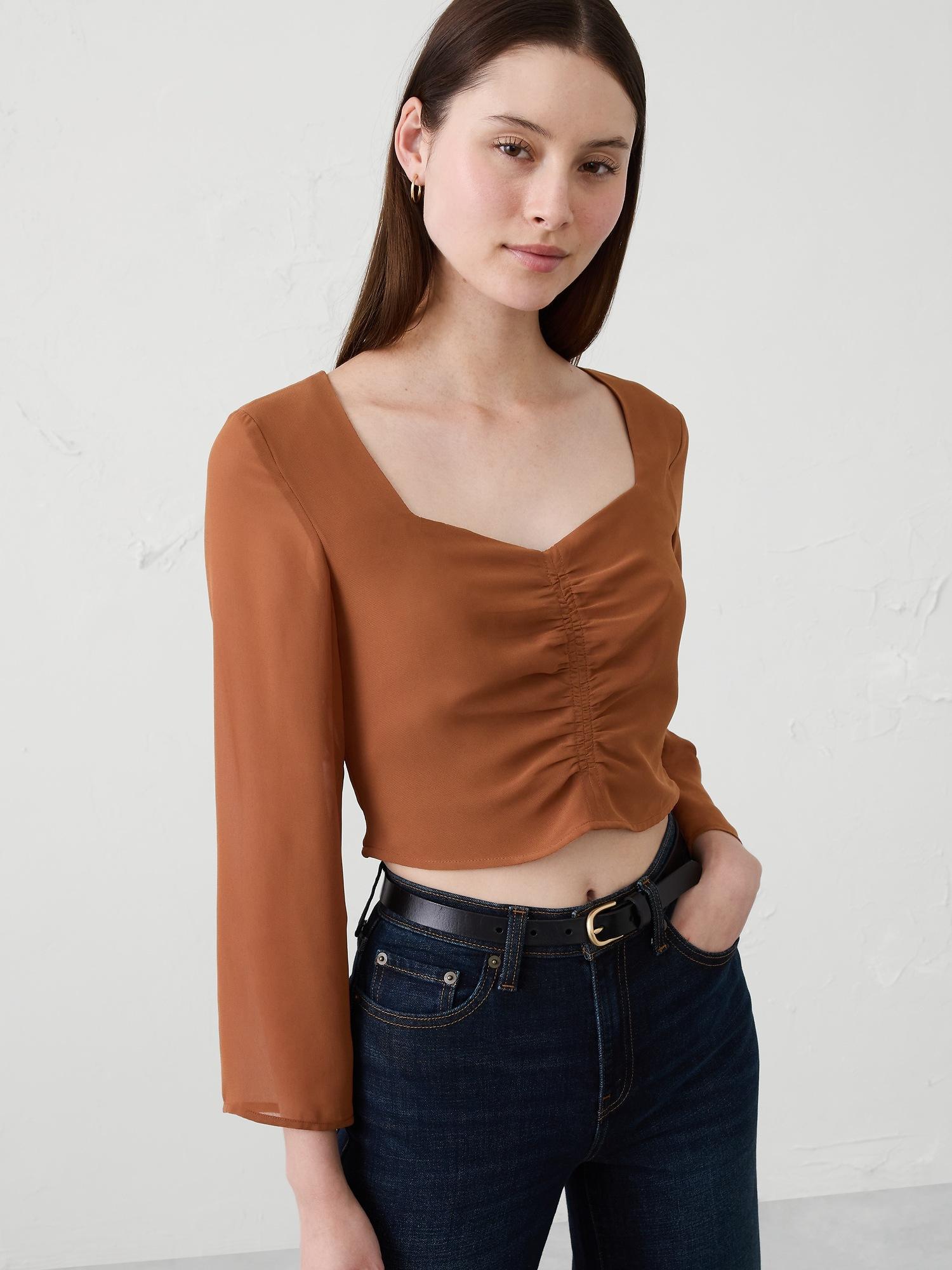 cropped shirred sweetheart-neck top