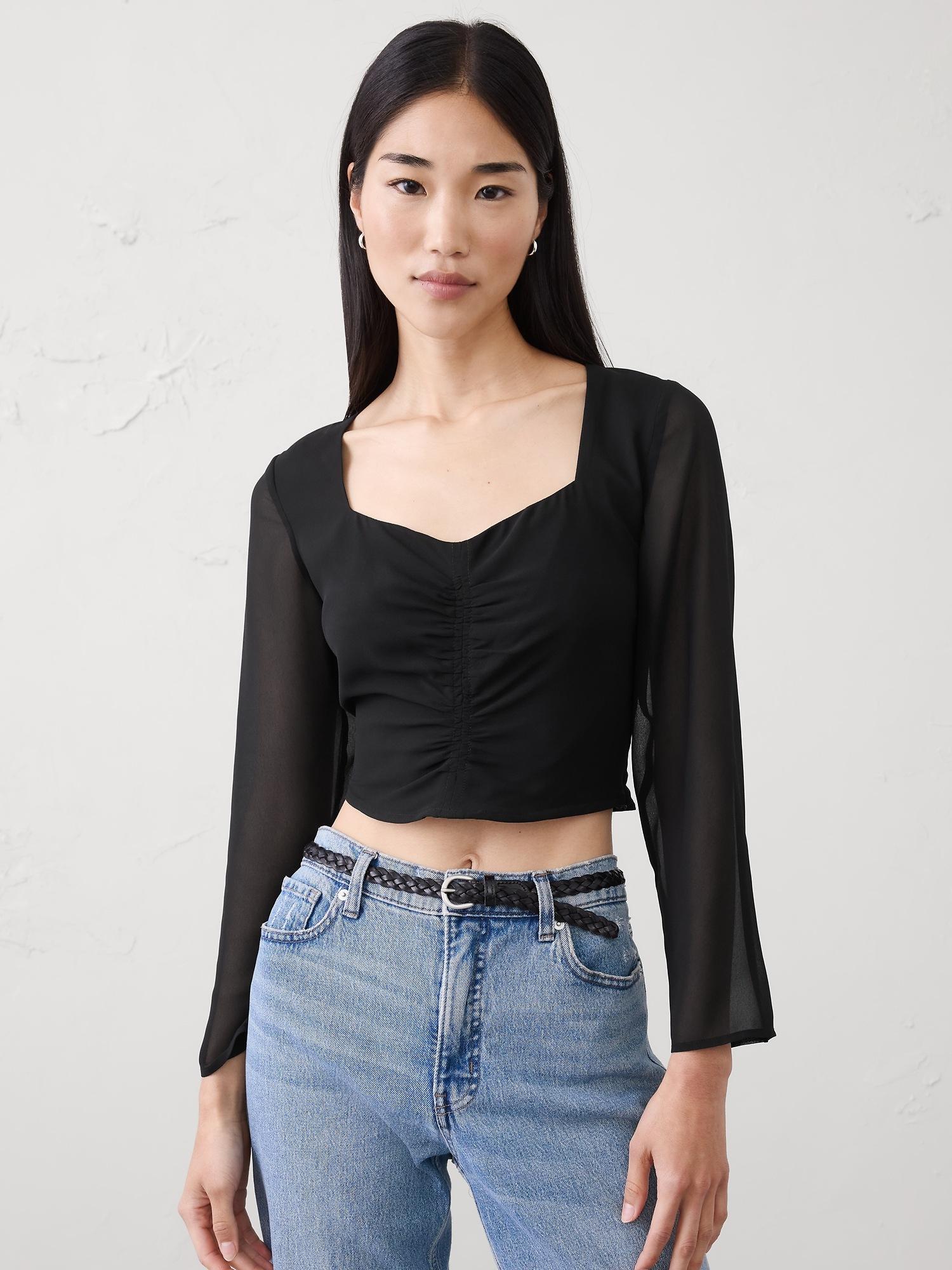 cropped shirred sweetheart-neck top