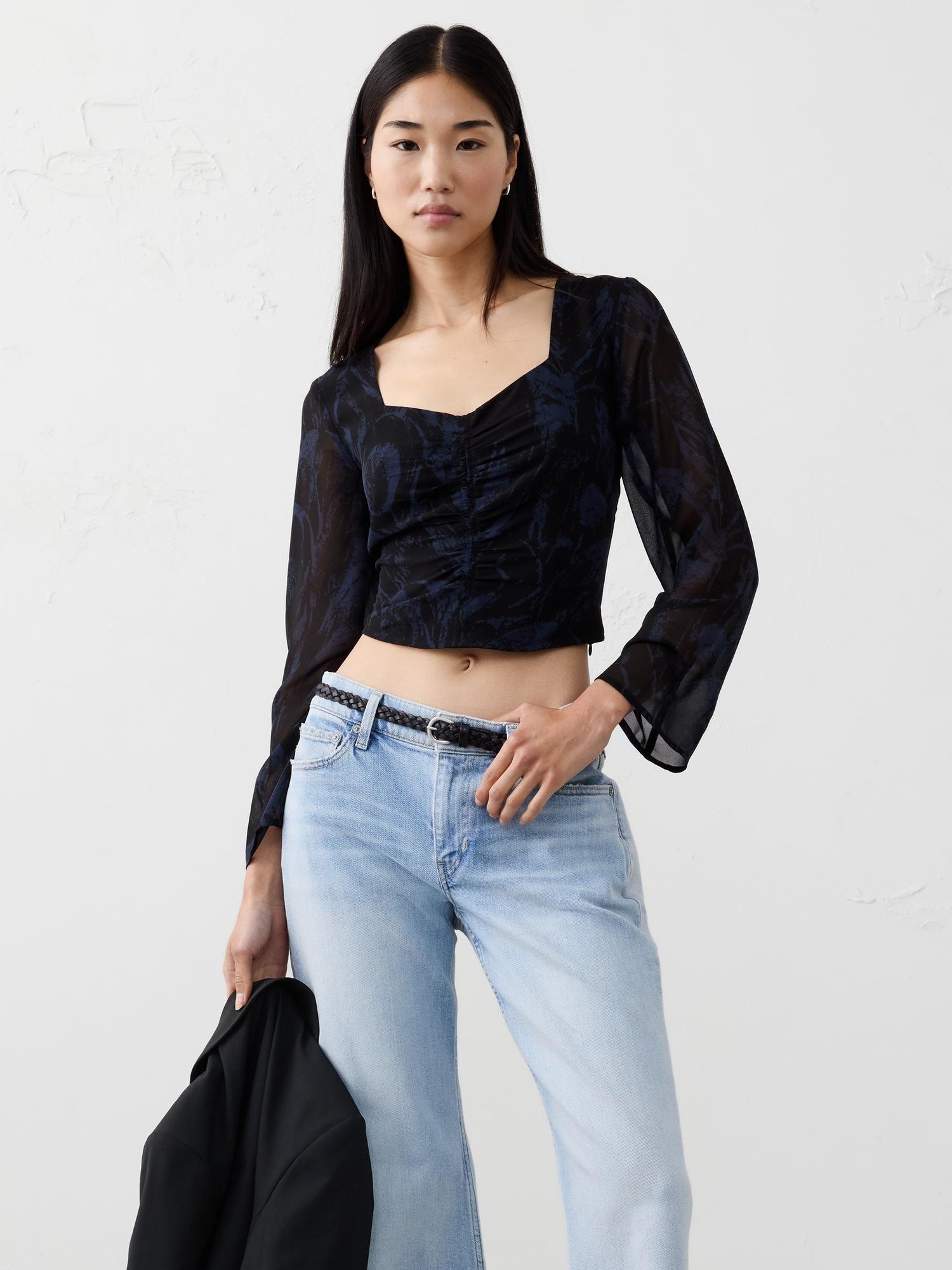 cropped shirred sweetheart-neck top