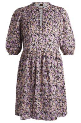 cropped-sleeve dress in hammered satin with seasonal print- patterned women's business dresses