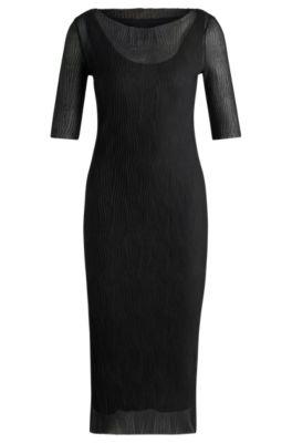 cropped-sleeve dress in pliss tulle- black women's business dresses