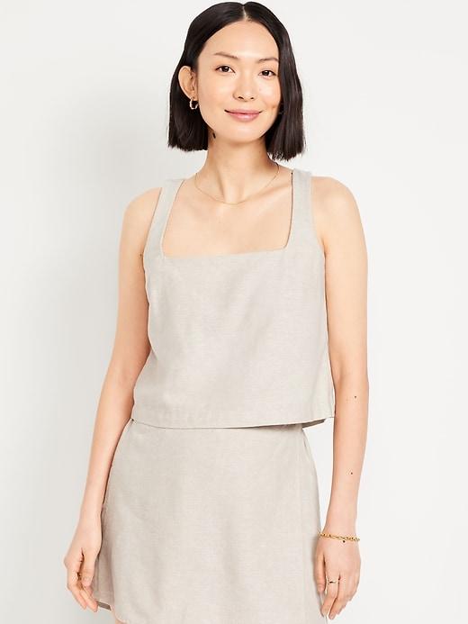 cropped square-neck linen-blend top