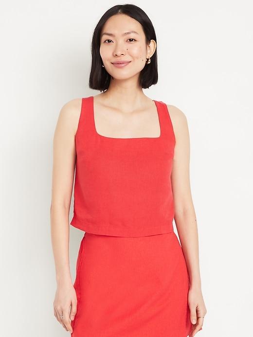cropped square-neck linen-blend top