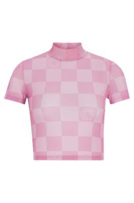 cropped top in logo-print stretch mesh- patterned women's casual tops