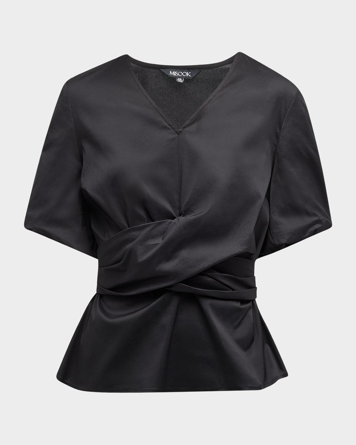crossover puff-sleeve peplum blouse