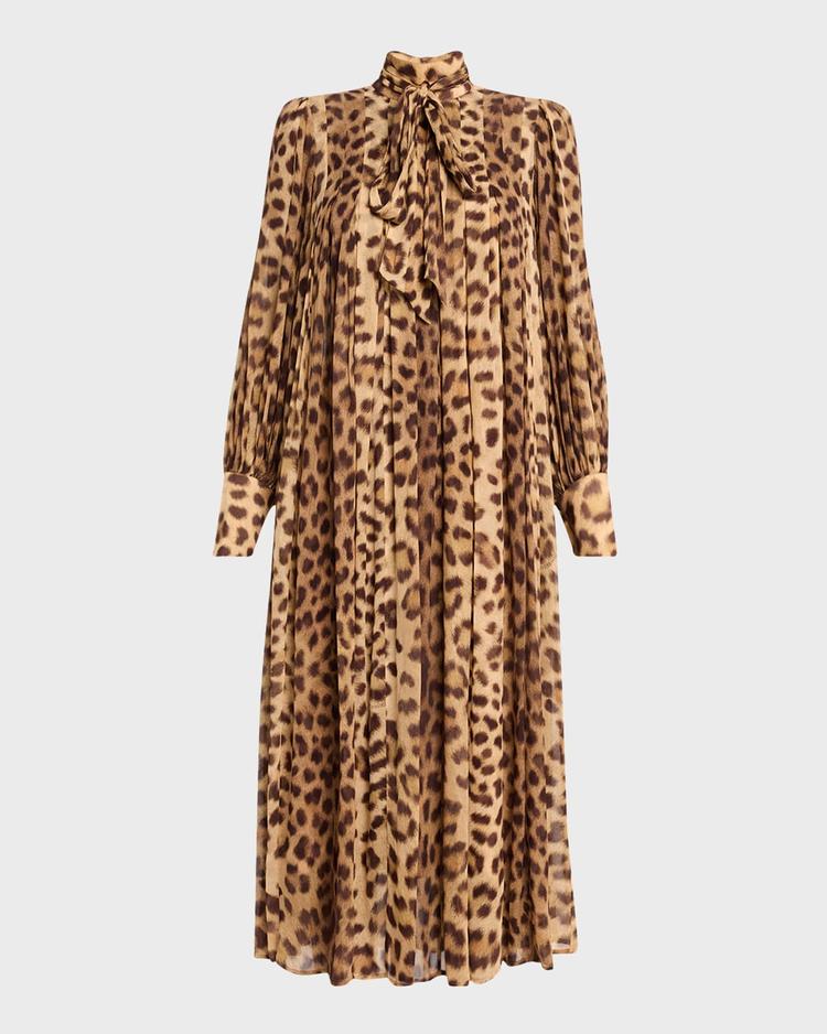 crush tie neck leopard midi dress