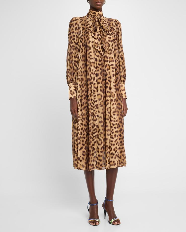 crush tie neck leopard midi dress
