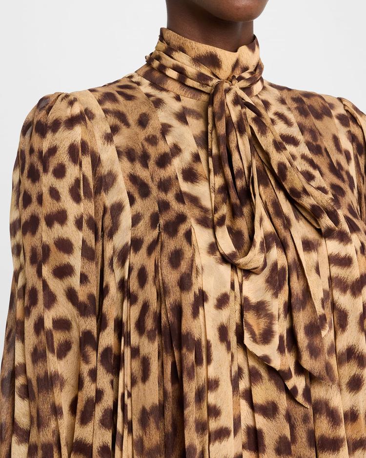 crush tie neck leopard midi dress