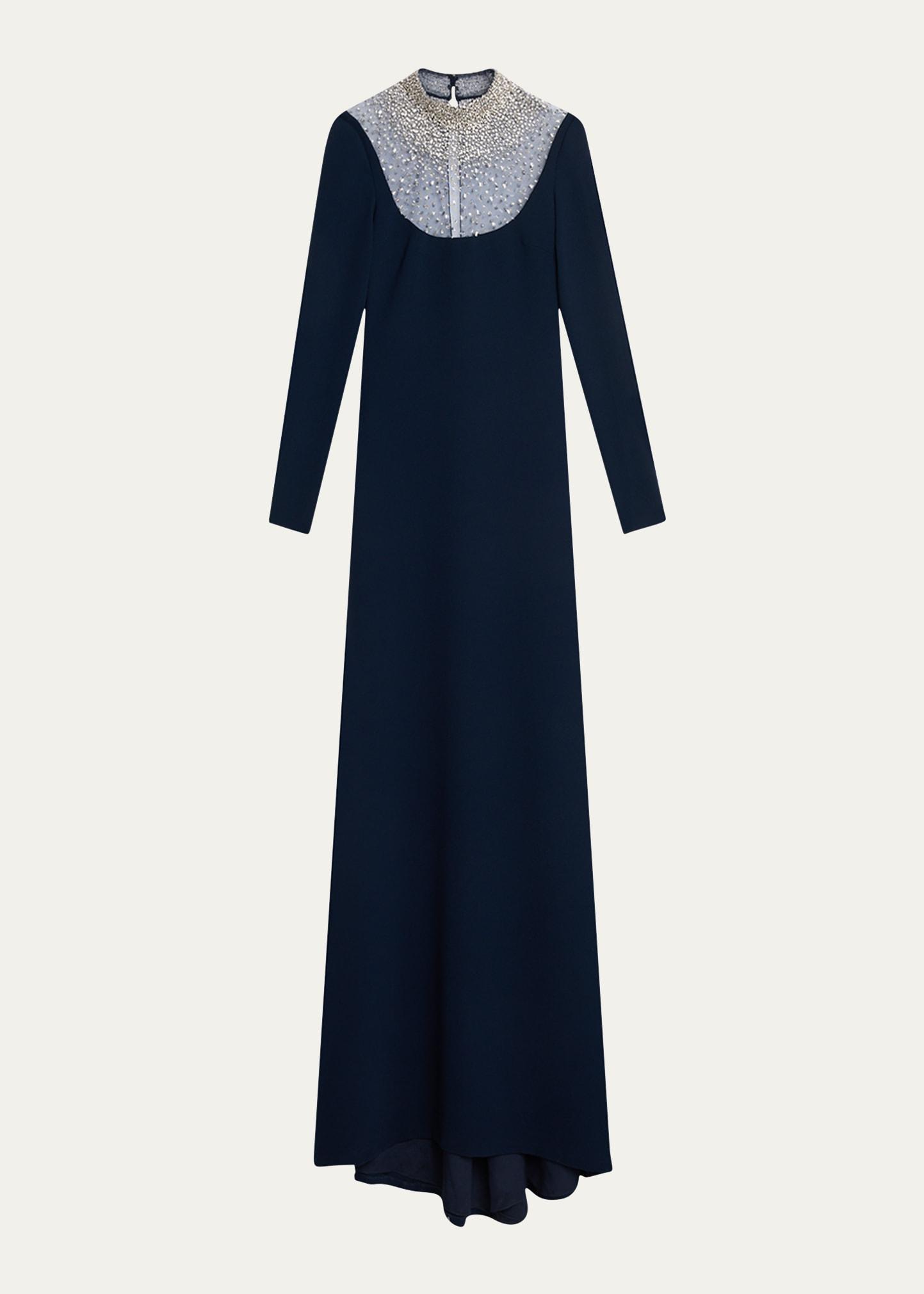 crystal beaded crepe long-sleeve illusion gown