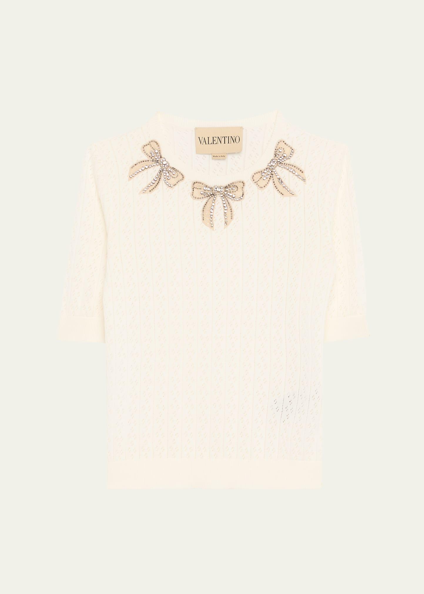 crystal bow collar short-sleeve pointelle knit top