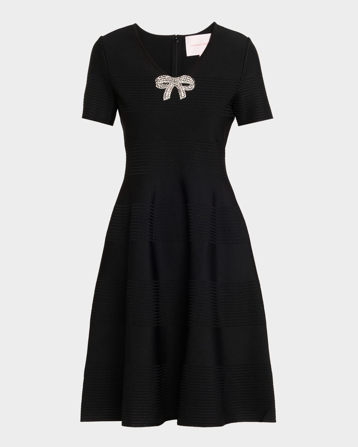 crystal bow v-neck flare dress
