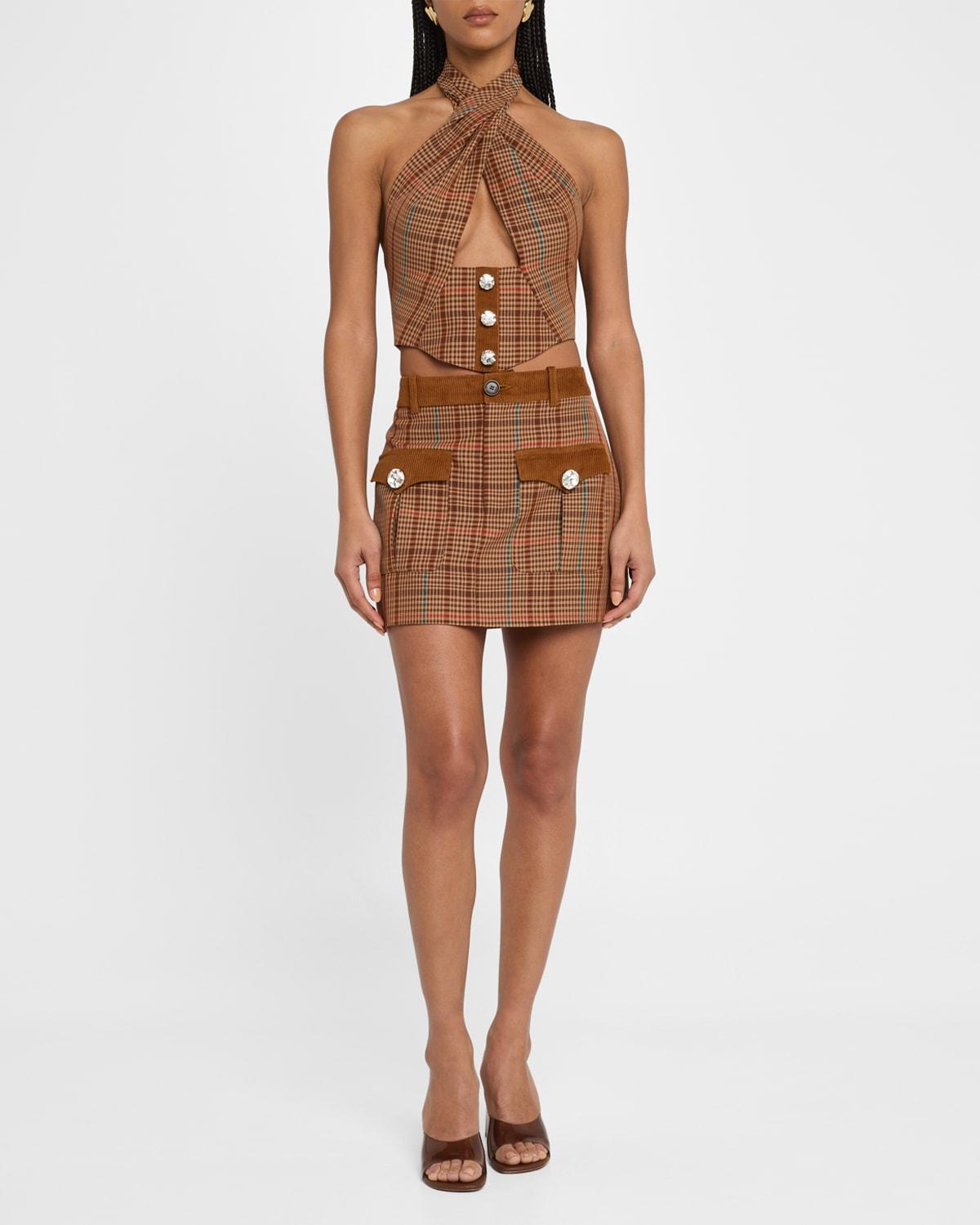 crystal-button check mini skirt