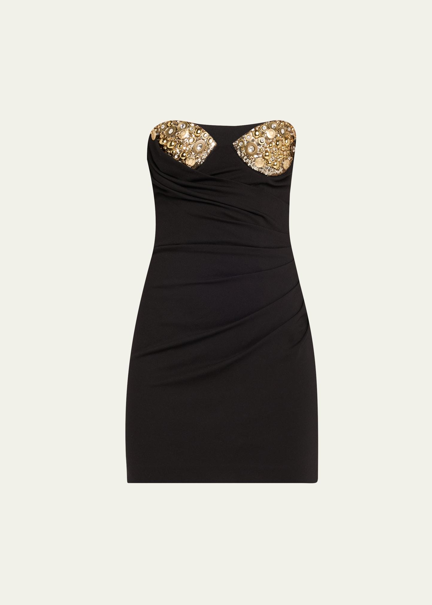 crystal button cluster embroidered draped mini dress