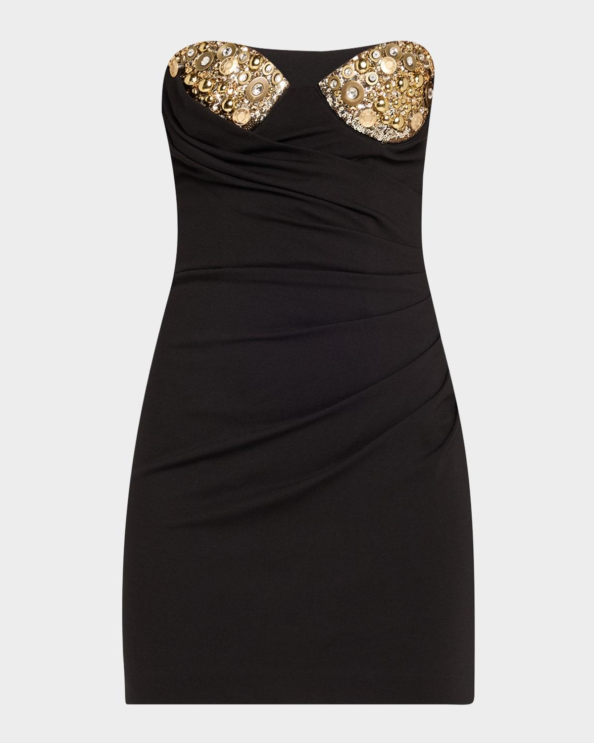 crystal button cluster embroidered draped mini dress