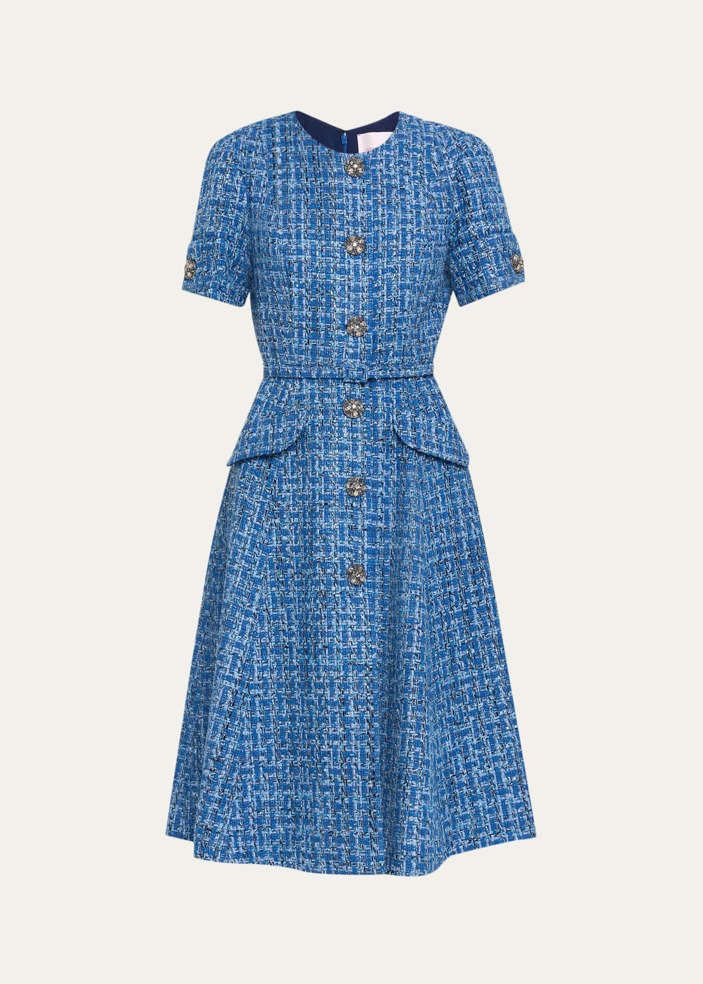 crystal button-front tweed midi dress with belt