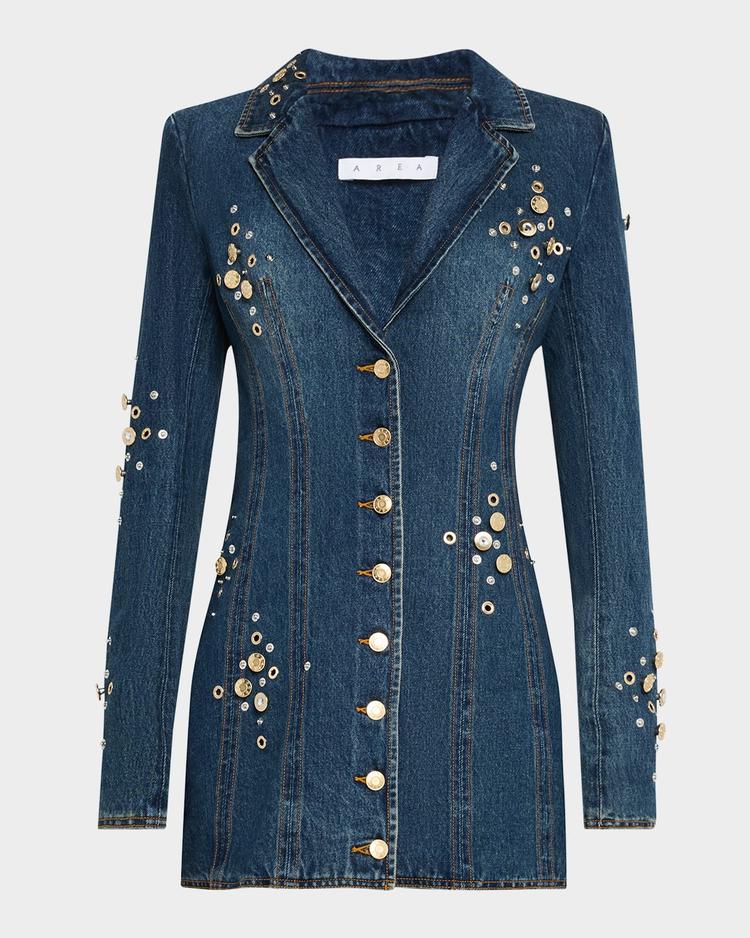 crystal button studded denim mini blazer dress