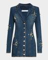 crystal button studded denim mini blazer dress