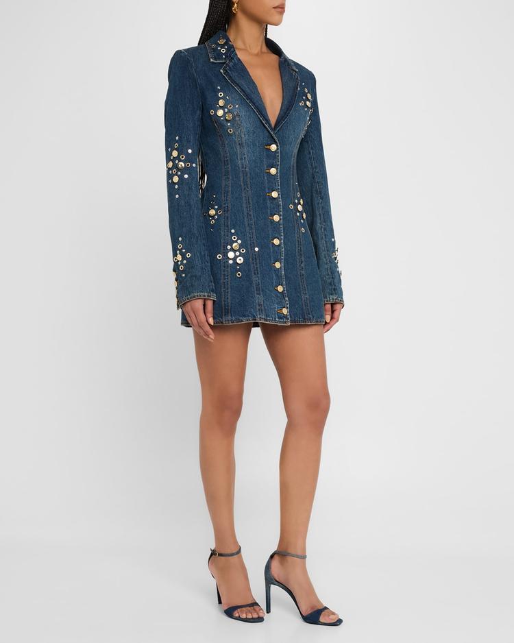 crystal button studded denim mini blazer dress
