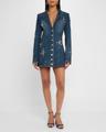 crystal button studded denim mini blazer dress