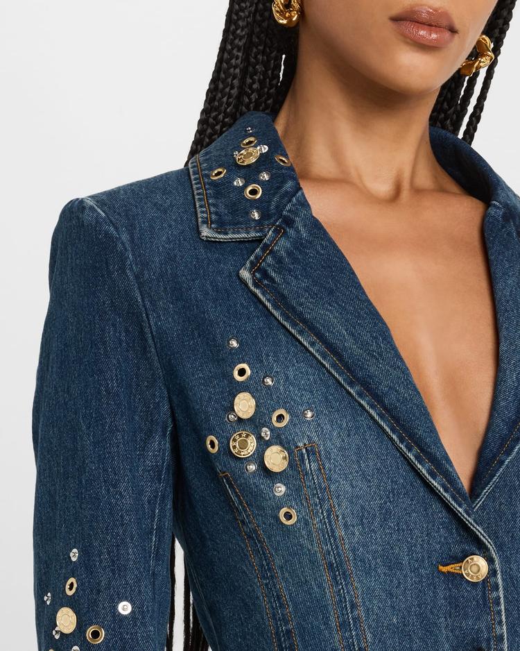 crystal button studded denim mini blazer dress