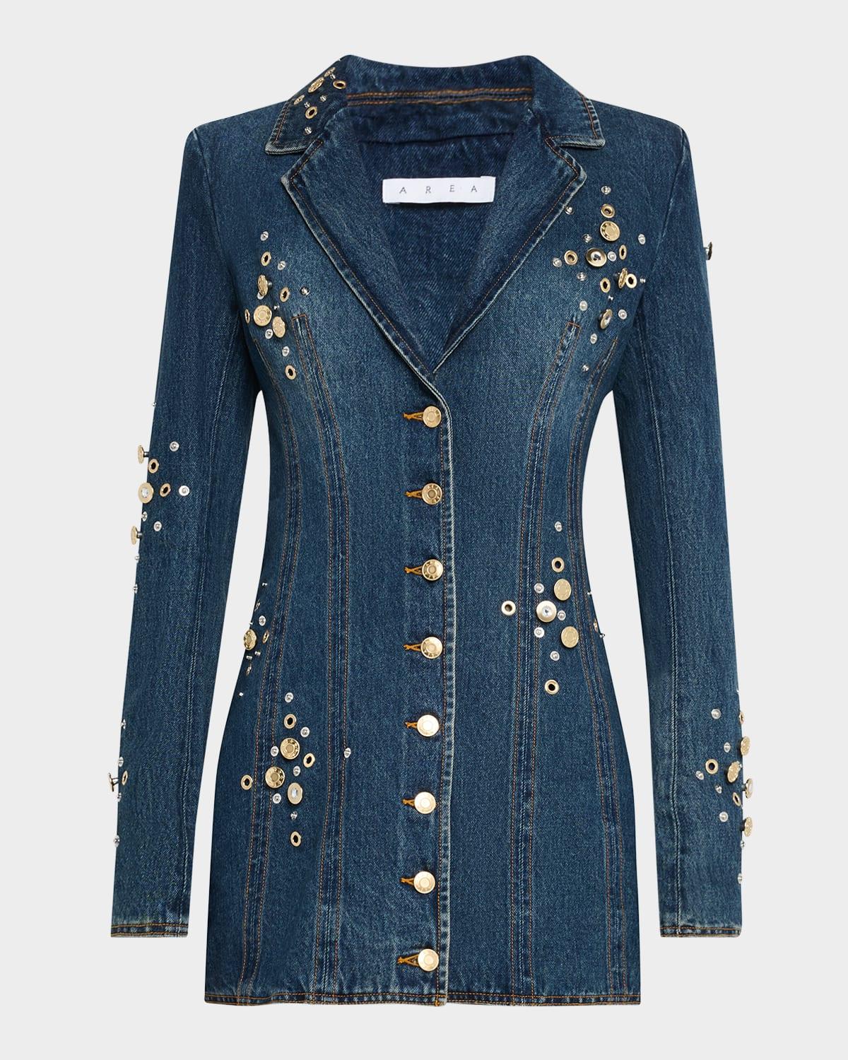 crystal button studded denim mini blazer dress