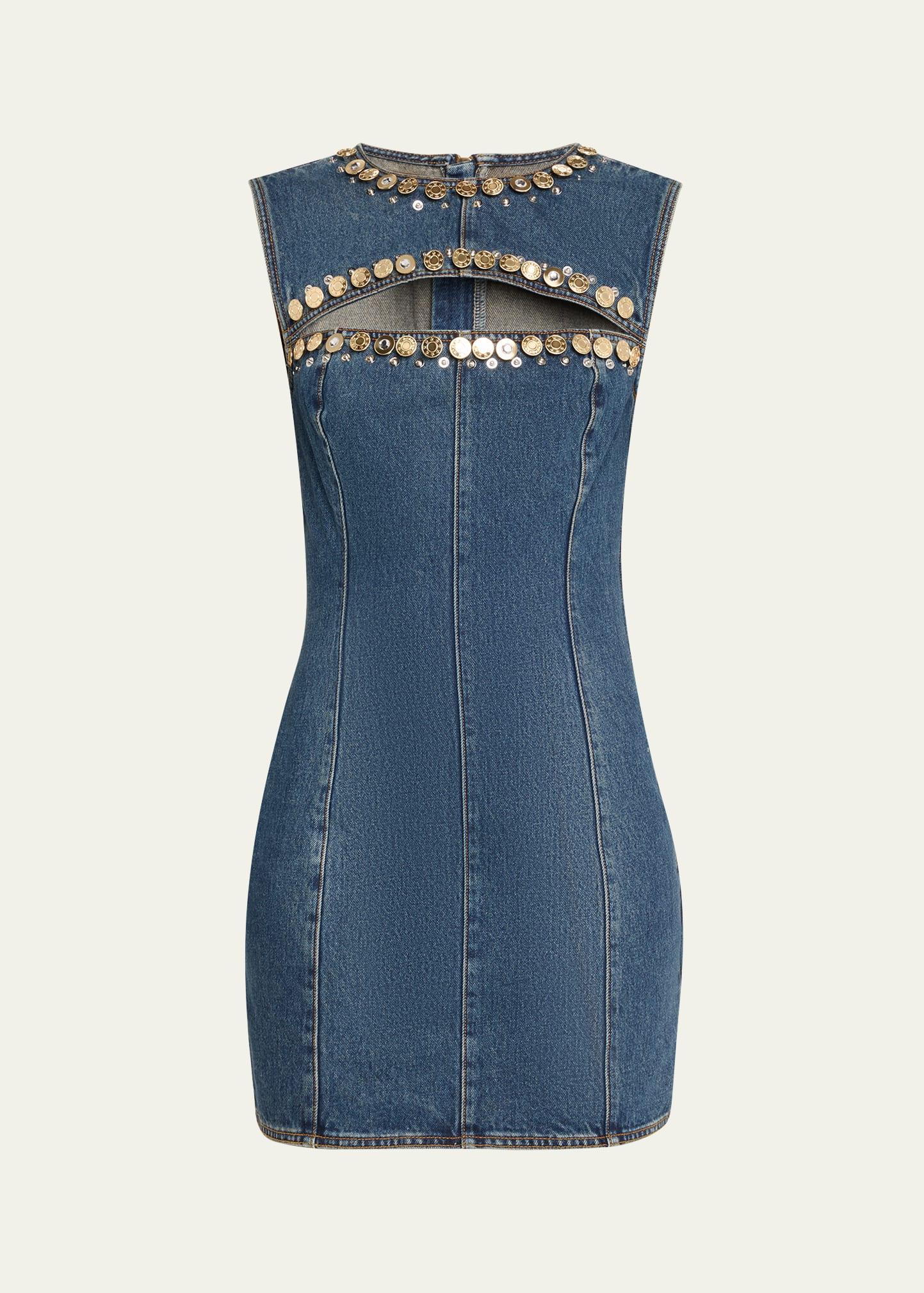 crystal button studded slit denim mini dress