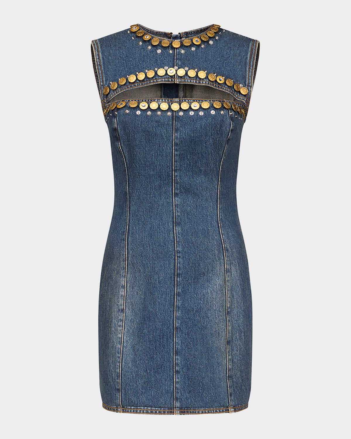 crystal button studded slit denim mini dress