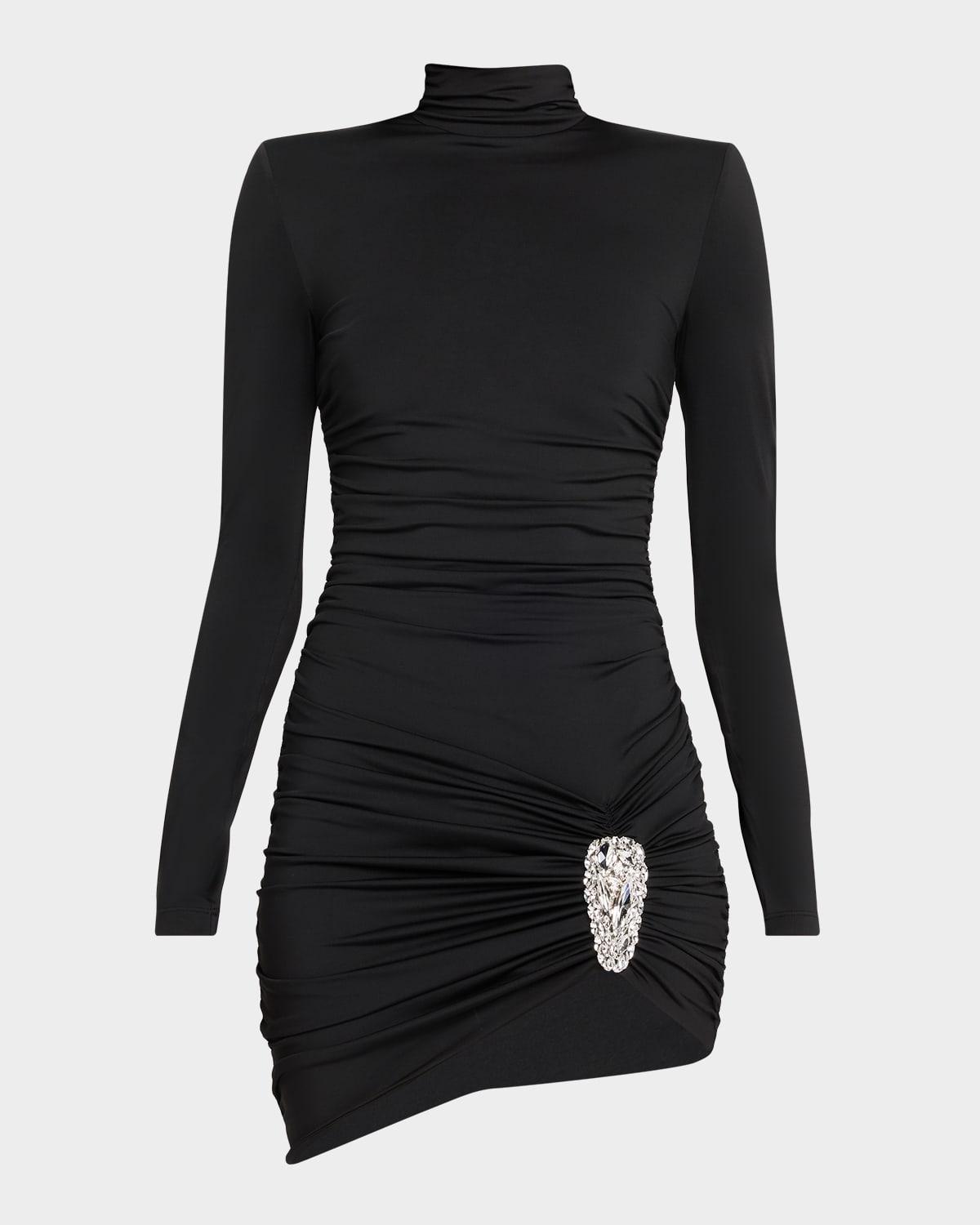 crystal cluster ruched turtleneck mini dress