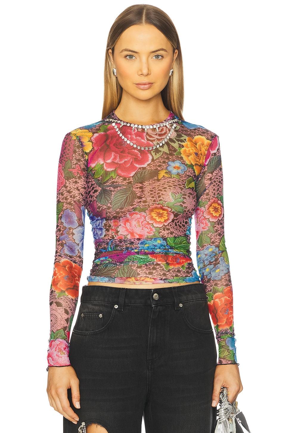 crystal embellished printed tulle long sleeve top