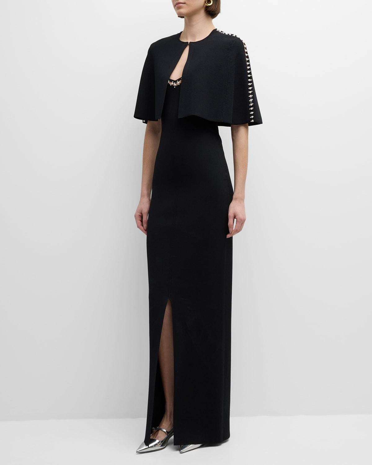 crystal embellished sleeveless stretch viscose milano knit gown