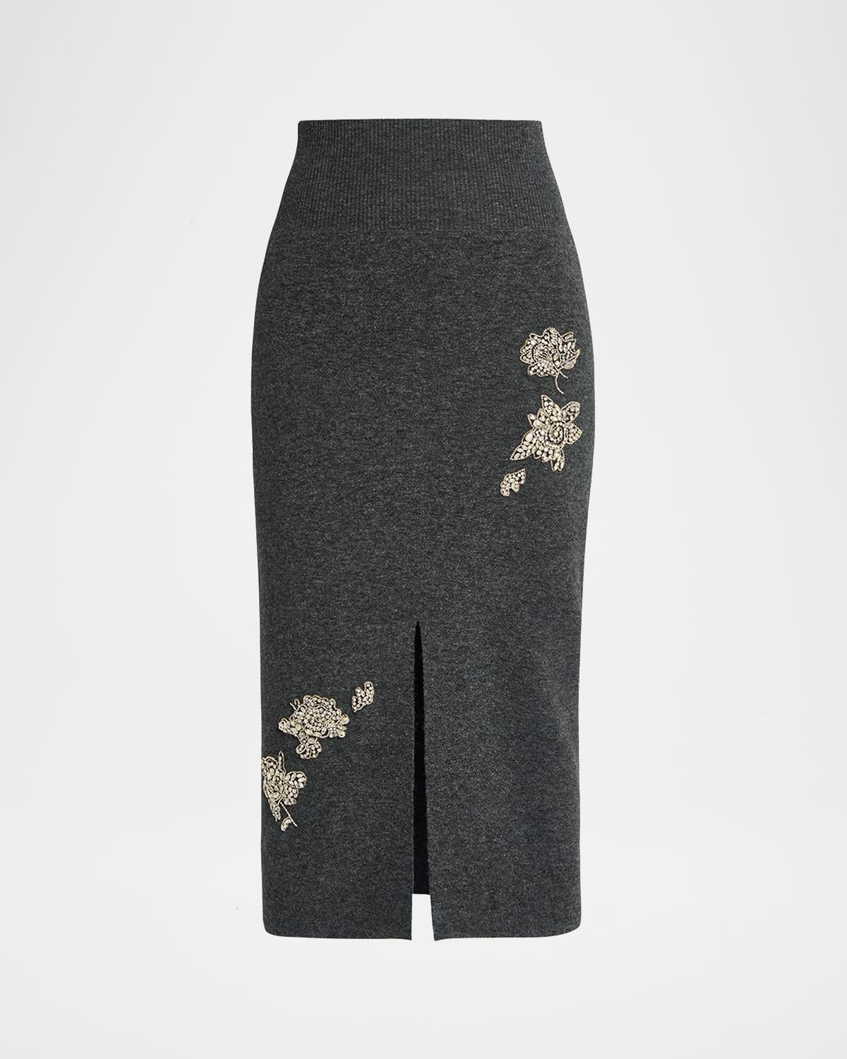 crystal embroidered knit midi pencil skirt