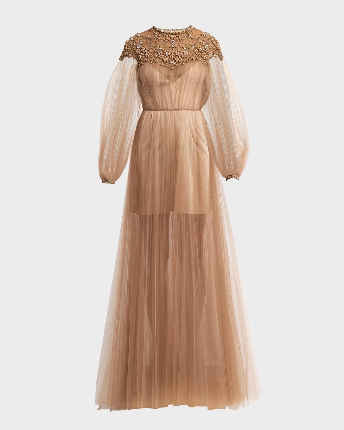 crystal embroidered lace long-sleeve pleated tulle gown