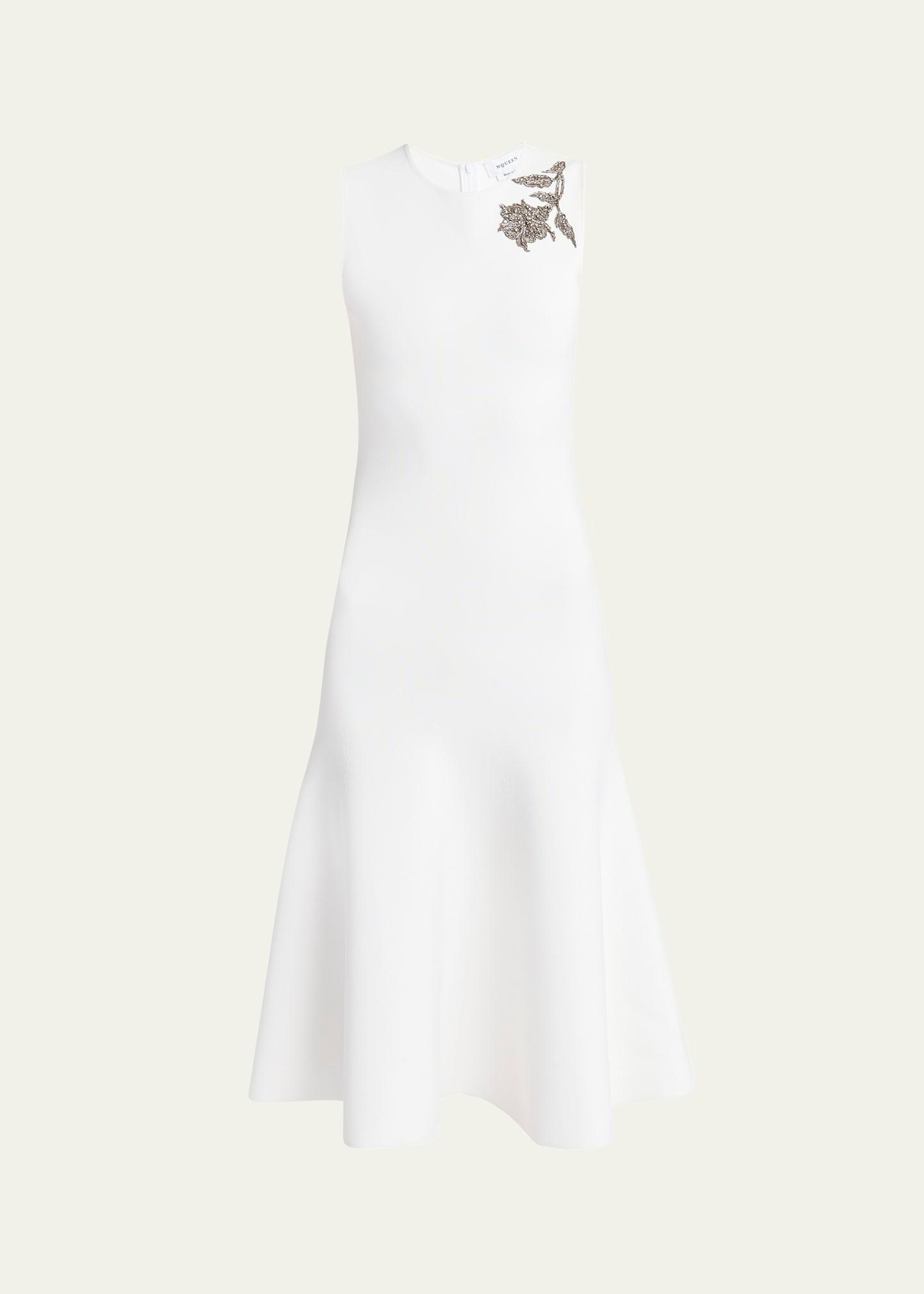crystal embroidered sleeveless flared midi dress