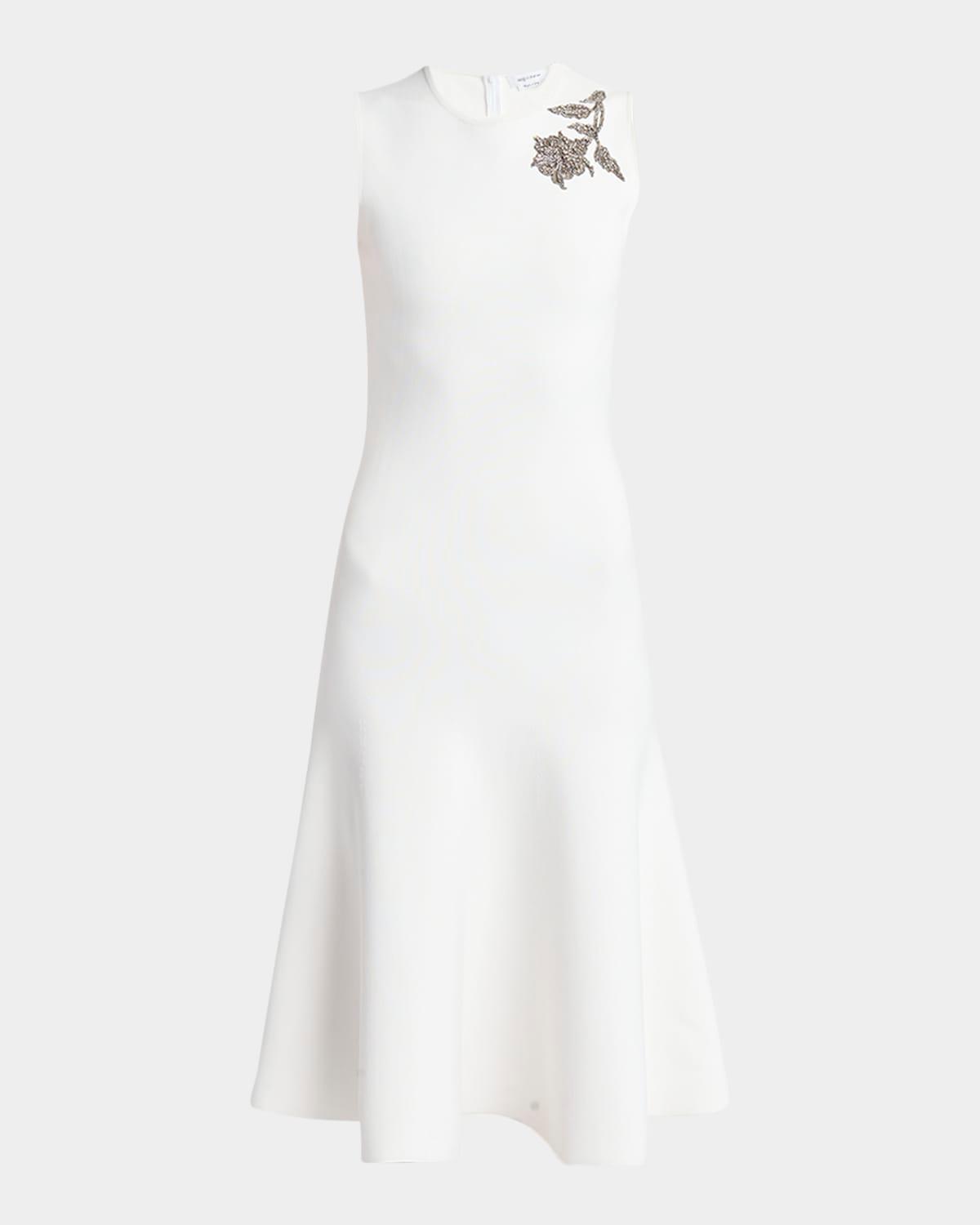 crystal embroidered sleeveless flared midi dress