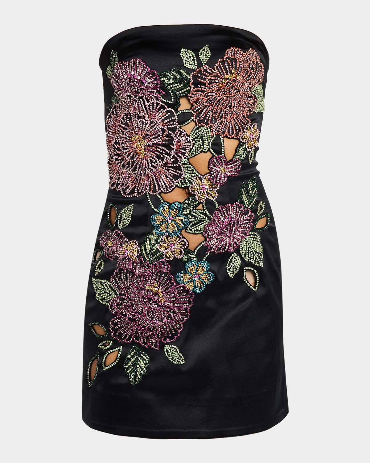 crystal flower cutout strapless mini dress