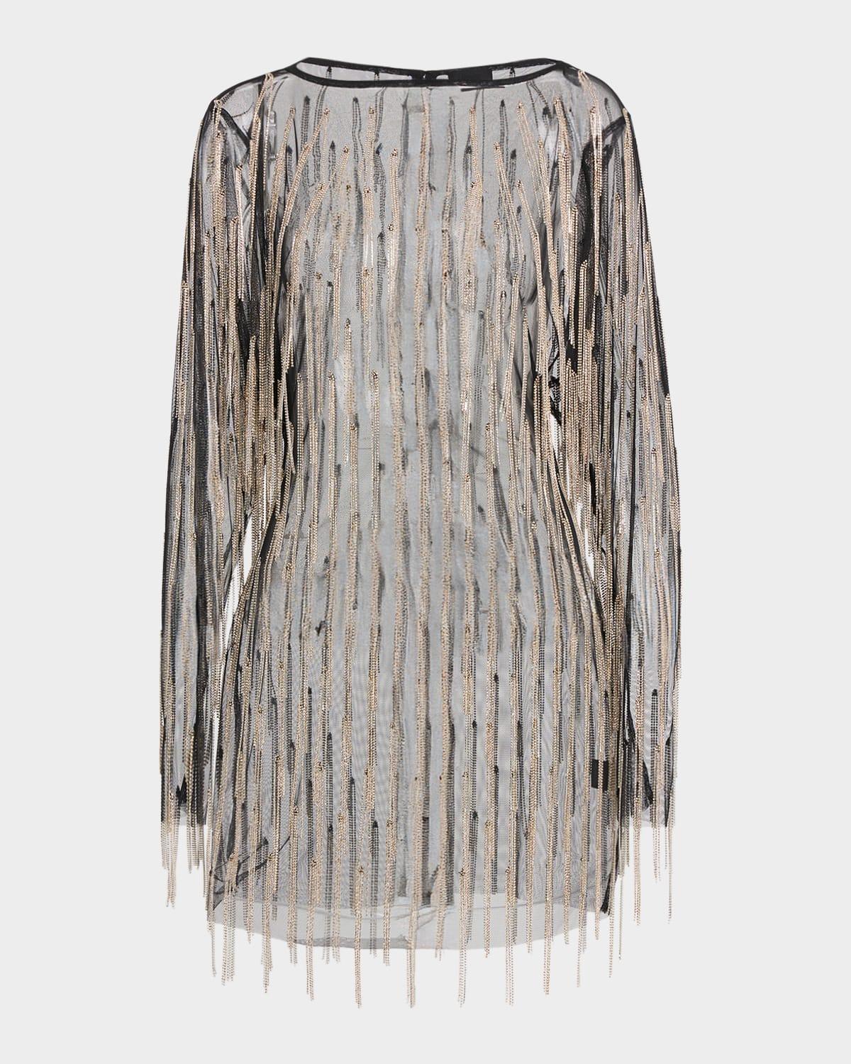 crystal fringe mesh long-sleeve mini dress