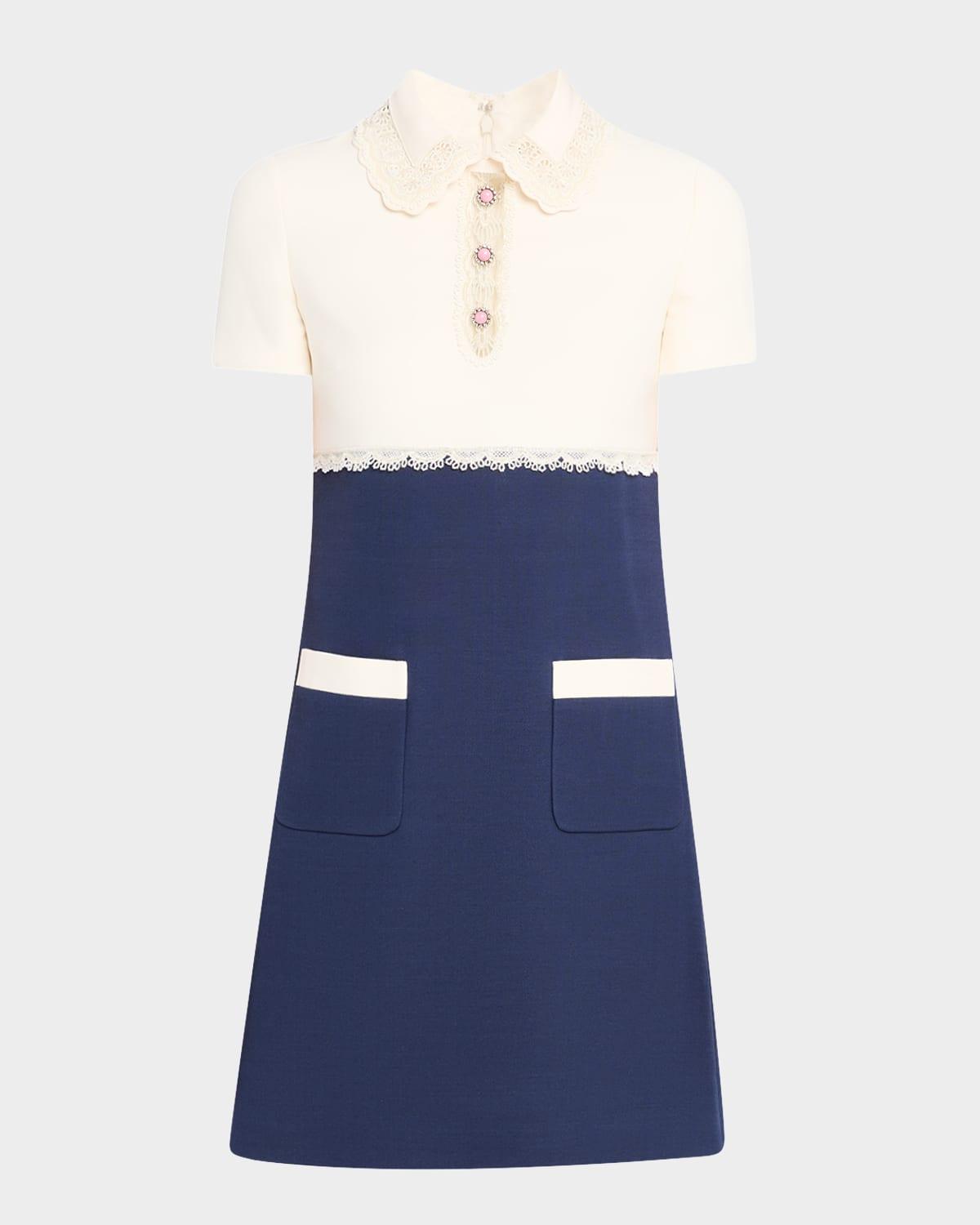crystal lace short-sleeve crepe mini polo dress