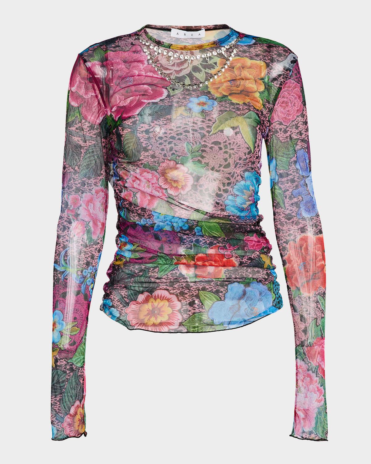 crystal-necklace printed tulle long-sleeve top
