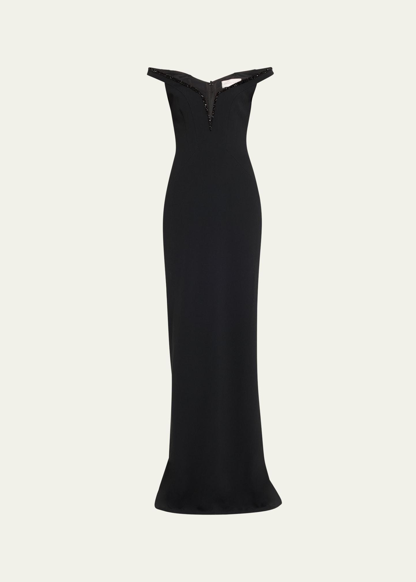 crystal off-the-shoulder crepe gown
