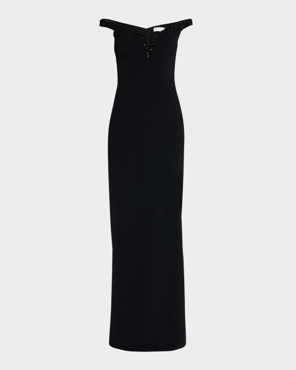 crystal off-the-shoulder crepe gown