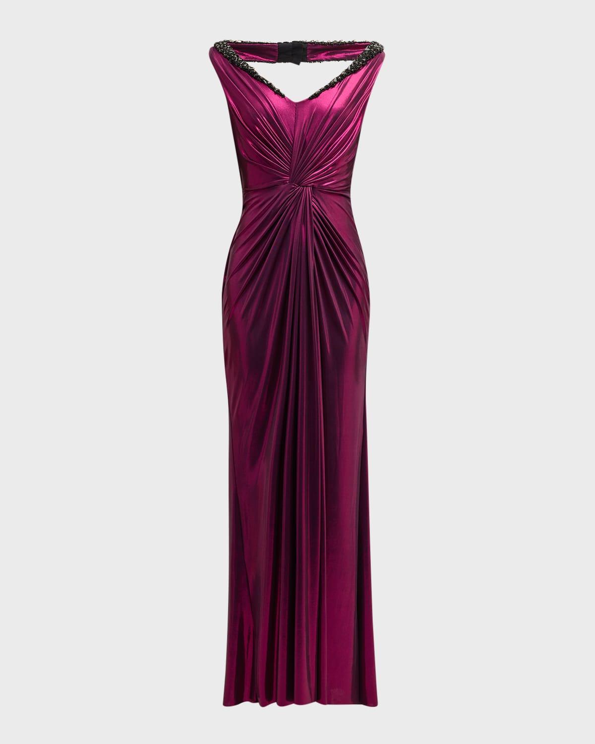 crystal open-back gunmetal oil jersey knotted gown