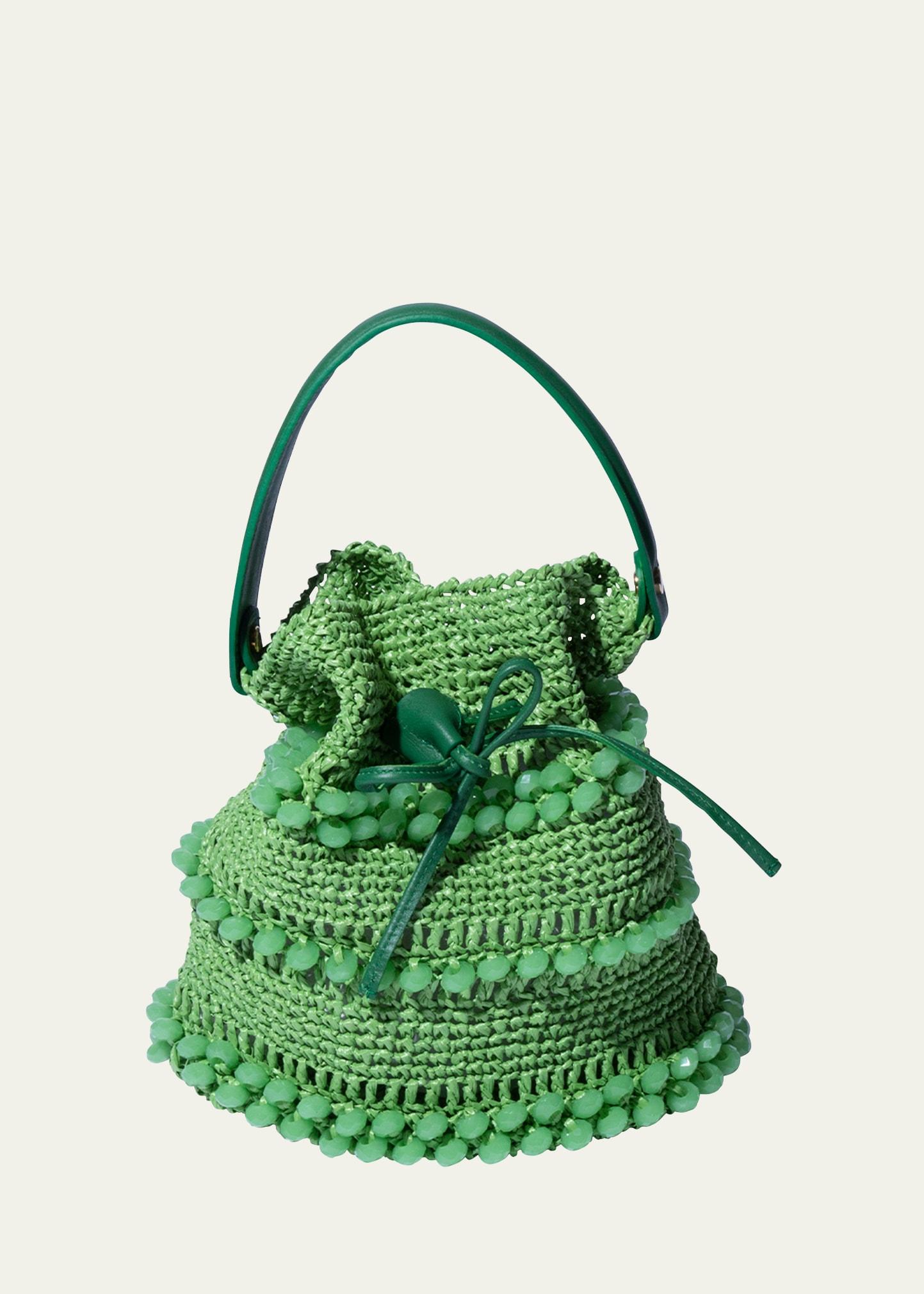 crystal raffia bucket bag